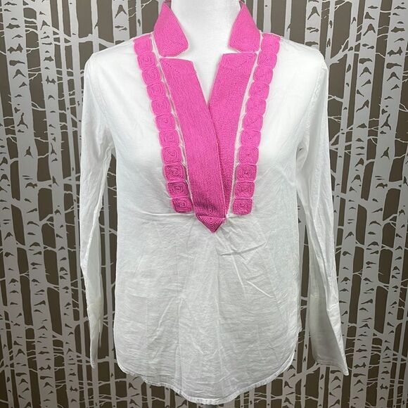 J. Crew Tops - Re-Imagined by J. Crew bubblegum pink embroidered accent white cotton boho top